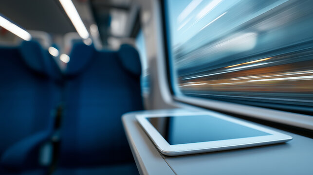 Close-up of a digital workspace on a tablet in a train, motion blur out the window, space for text overlay.