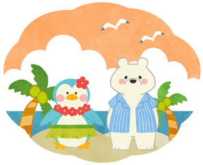 夕暮れの海にいる夏のシロクマとペンギンのアイコンイラスト