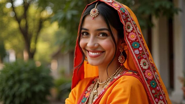 A radiant Sikh woman showcases her exquisite phulkari dupatta and traditional salwar suit, offering a soft, genuine smile toward the camera in stunning 4k footage.
