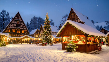 Snowy Christmas Market Village Night. (1)