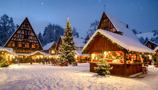 Snowy Christmas Market Village Night. (1) - Powered by Adobe