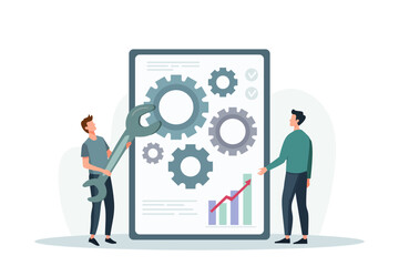 Vector of illustration of man with a wrench and his friend troubleshooting work of business data analytics schedule on monitor screen, isolated on a white background.