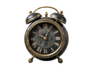 Antique vintage alarm clock dark background timepiece, On Transparent Background, Png