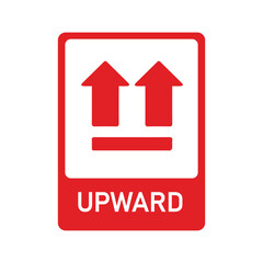  “UPWARD” label with dual arrows above a bold horizontal line on red and white—used to indicate correct orientation for handling or shipping packages safely.