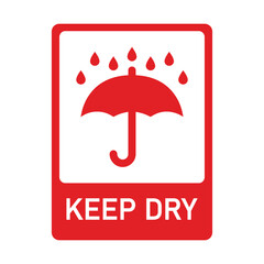 Red and white “KEEP DRY” label featuring an umbrella with raindrops—used on packages and surfaces to signal protection from moisture and water damage.