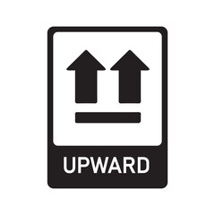  “UPWARD” label with dual arrows above a bold horizontal line on red and white—used to indicate correct orientation for handling or shipping packages safely.