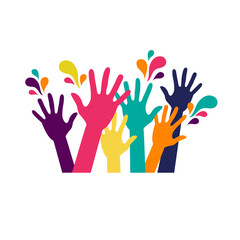 Colorful raised hands in purple, orange, green, pink, and yellow burst through painted...