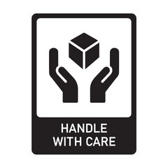  “HANDLE WITH CARE” warning label with two hands gently holding a cube—used to mark fragile items requiring cautious handling during packaging or transport.