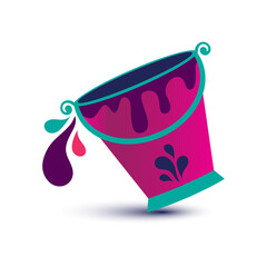  Tilted pink bucket with teal accents spills vibrant paint splashes in purple and red. A bold artistic scene symbolizing creativity, motion, and visual energy.