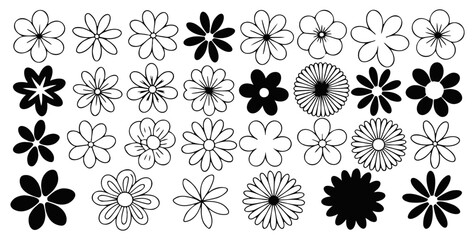 Collection of hand drawn flowers in various styles arranged in a grid pattern design