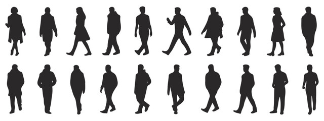 Illustration showing a collection of silhouette figures walking in various directions and styles