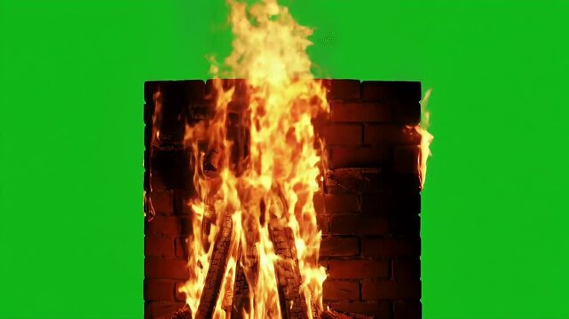 Wooden Fire Burning Brightly with Flames Rising Against Green Screen