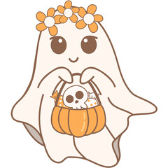 cute Halloween cartoon girl with flower