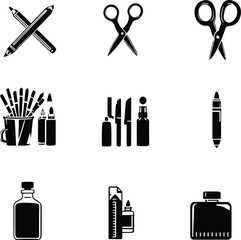 ✏️ Stationery and Art Supplies Icon Set Vector Illustration Featuring Nine Black Silhouette Icons in a 3x3 Grid Including Crossed Pencils, Scissors, Brush Cup, Crayon, Glue Bottle, Ruler, Ink Bottles,