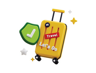 Protect shield with luggage icon 3d render concept of Travel Insurance suitcase standing beside a security shield Travel and Tourism icon vector illustration