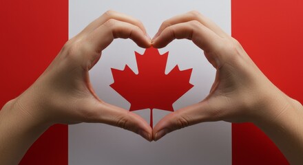  two hands gently forming a heart shape, framing the red maple leaf in the center of a folded Canadian flag. 