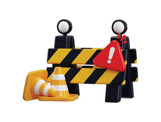 Under maintenance icon 3d render concept of road barrier with traffic cone icon and alert icon for under construction icon vector illustration