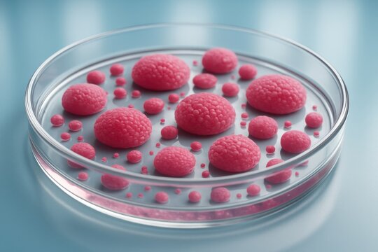 Pink Cell Culture in Petri Dish: Intriguing close-up view of a petri dish containing a culture of vibrant pink cells, possibly representing a scientific breakthrough or medical research. - Powered by Adobe