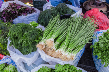 A variety of vegetables, including onions and cilantro, are on display at the market. The...