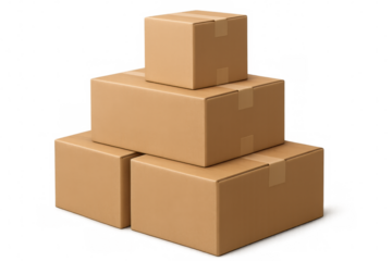 Cardboard shipping boxes neatly stacked forming pyramidal arrangement, sealed with packing tape, representing warehouse and logistics organization