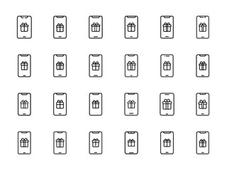 Mobile App Gift Icons Set – Silhouette Style Smartphone with Gift Box Symbols on White Background for E-commerce, Digital Rewards, and Online Shopping Themes
