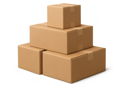 Cardboard shipping boxes neatly stacked forming pyramidal arrangement, sealed with packing tape, representing warehouse and logistics organization