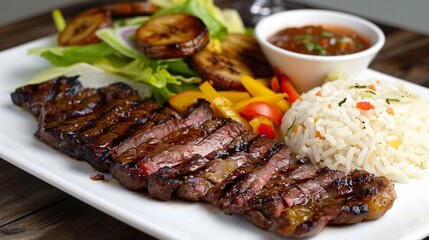 A succulent filet steak picanha served alongside rice, salad, and fried bananas