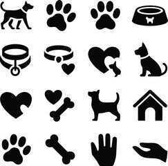 Eighteen-Dog Care Icon Poster Featuring Standing and Sitting Dogs, Bowls, Collars, Bones, Hands, Pawprints, and Heart-Based Pet Symbols in Minimalist Black Line Art Style