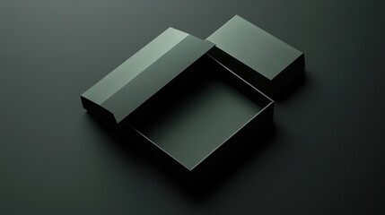 Dark green cardboard box open and closed.