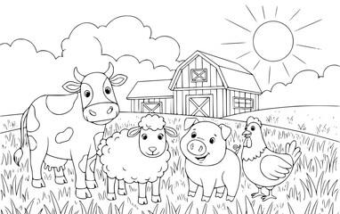 Fototapeta premium Farm Animals Coloring Page with Cow, Pig, and Barn
