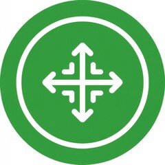 Fototapeta premium Circular icon with vibrant green background, thin white ring, central white symbol of four arrows pointing cardinal directions with curved extensions, clean-cut design, striking green-white contrast.