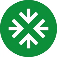 Obraz premium Circular green backdrop with a central white geometric symbol featuring symmetrical arrow-like shapes radiating outward, resembling a stylized snowflake or asterisk.