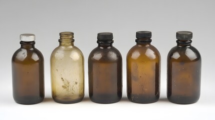 Vintage Glass Bottles Collection Row Amber Brown Medicine Pharmacy