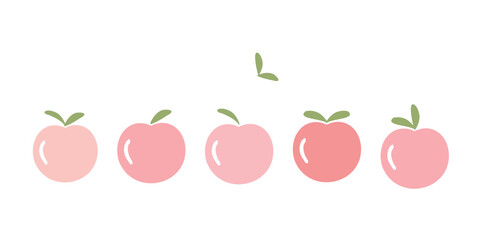 Set of pink peach apricot fruit with green leaves icon signs isolated on white background vector. 