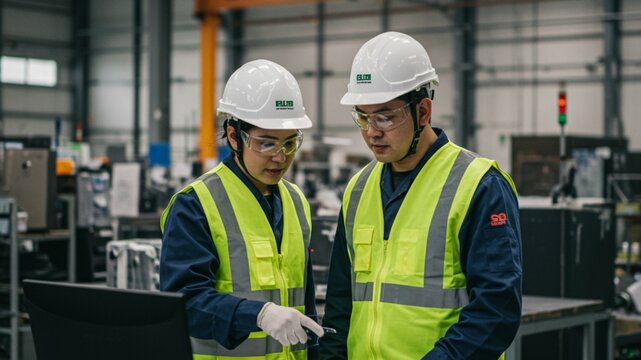 Professional asian male factory worker wearing safety hat and vest portrait in modern industrial manufacturing plant background.
