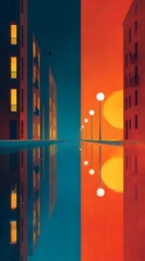 Red sky over a towering urban skyline at night, with light shining from windows and architectural details