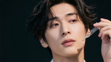 Obraz premium スポイトで美容液を肌に垂らす男性