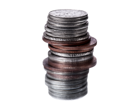 Stack of coins silver and copper currency money wealth, On Transparent Background, Png