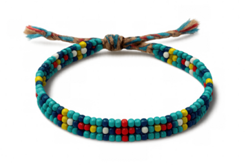 Colorful handmade beaded bracelet stringing turquoise, red, yellow, white, dark blue beads on natural hemp cord against transparent backdrop