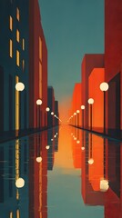 Dynamic night cityscape with illuminated skyscrapers and a bustling street, showcasing urban architecture and business against the night sky