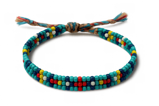 Colorful handmade beaded bracelet stringing turquoise, red, yellow, white, dark blue beads on natural hemp cord against transparent backdrop - Powered by Adobe