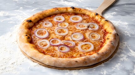 Delicious Red Onion and Cheese Pizza on Wooden Board