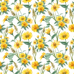 Simple yellow flowers and herbs seamless pattern in watercolor