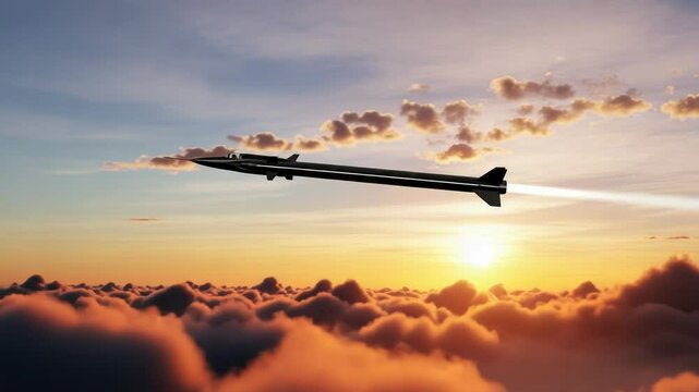 A hypersonic aircraft soars through the sky above a sea of clouds at sunset, leaving a contrail in its wake