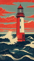White lighthouse stands as a solitary beacon on the rugged coast, its light guiding ships across the vast ocean under a dramatic sky