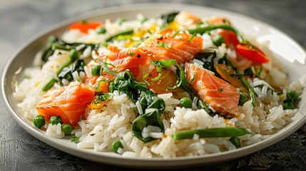 Rice with red fish green beans and spinach