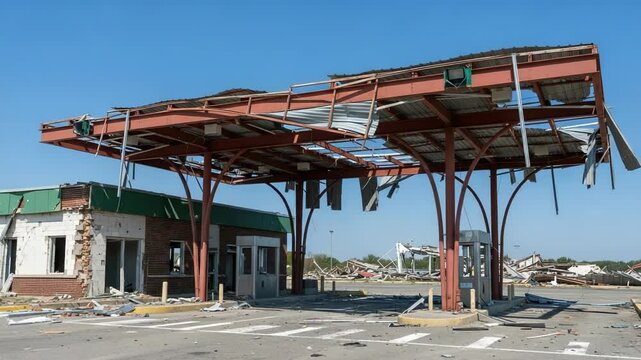 The aftermath of a devastating tornado, showing extensive damage and destruction to buildings and structures in an urban landscape