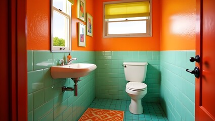 A vibrant, retro-style bathroom with bold, glossy orange wall tiles adorned with subtle texture, covering the lower half of the walls, and mint green upper walls featuring a soft, matte finish.