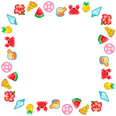 Pixel Art Summer Square Frame with Crab, Watermelon, Pineapple, Float, Hibiscus, Shell, Pizza and Cocktail for Wallpaper, Digital Design, and Cute Seasonal Decoration