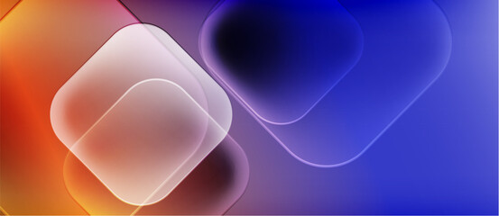 Abstract shapes overlap, creating vibrant color gradients. Orange blends into purple, suggesting depth, light, modern design.